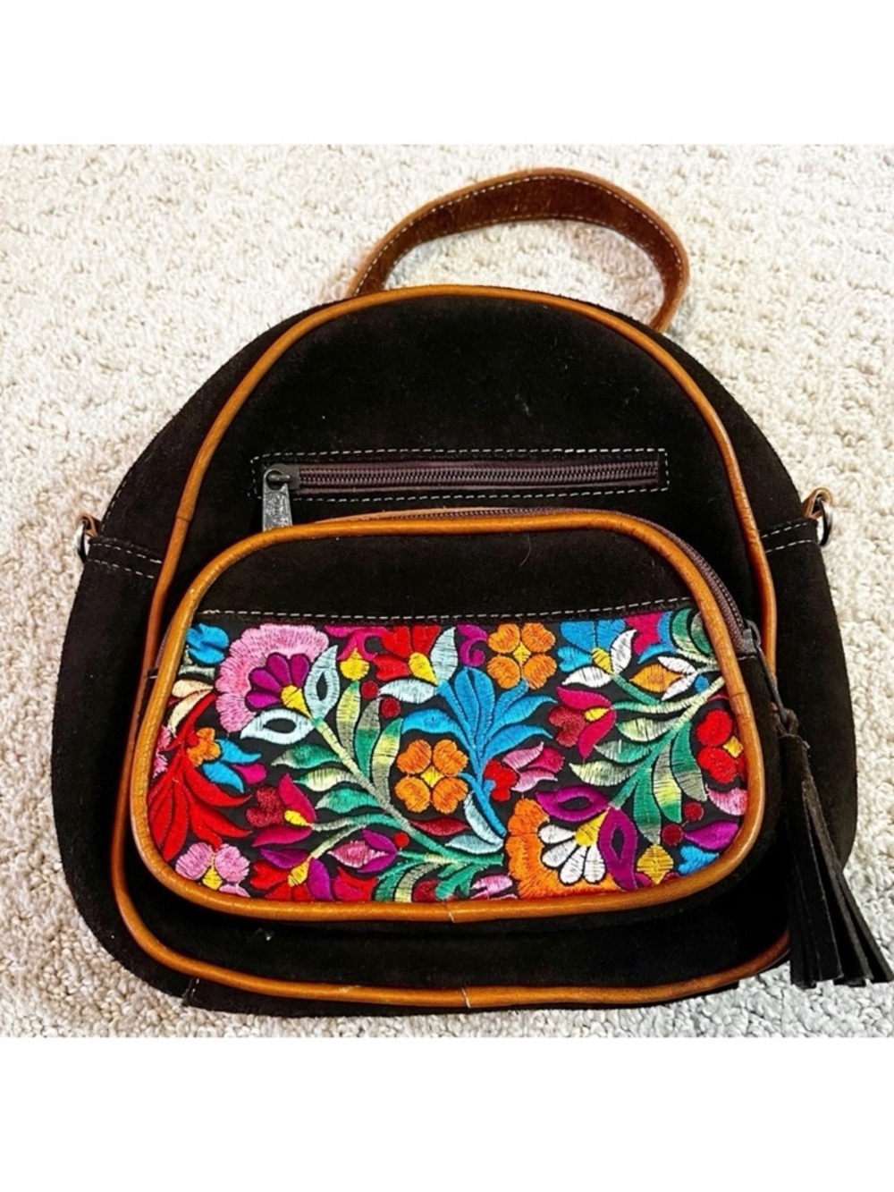 Brown Suede Backpack Colorful Floral Embroidery Convertible Hippie Boho Festival